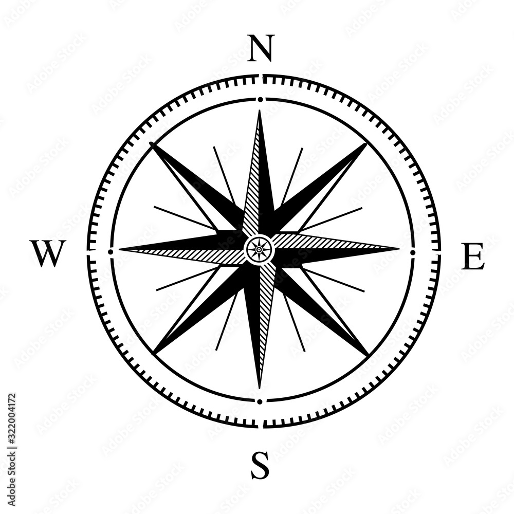 Black Rose of Wind icon compass isolated on white background. Vector illustration