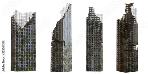 Fotografie, Obraz collection of ruined skyscrapers, tall post apocalyptic buildings isolated on wh