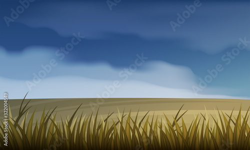 Autumn field vector background, rainy clouds in the sky over the countryside landscape. 
