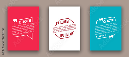 Quote speech bubble blank templates set. Text in brackets on flat paper, citation frames, quote bubbles. Textbox isolated on color background. Modern typography flat design cloud. Vector illustration.