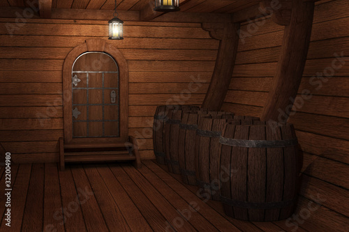 Inside old ship. Hold or cabin of a ship background. 3d illustration of pirate cabin. Mixed media.