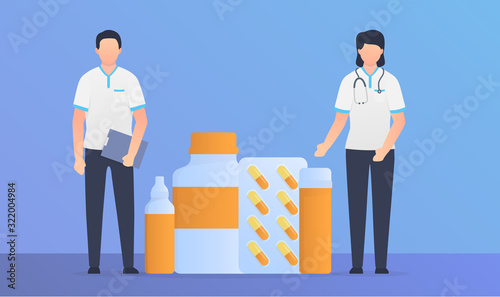 nurse man and woman standing with drug pills and capsule with modern flat style