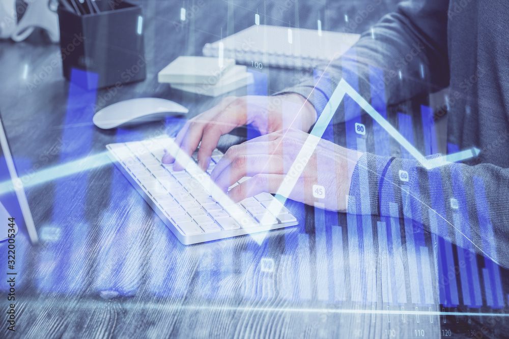 Multi exposure of financial graph with man works in office on background. Concept of analysis. Multi exposure of financial graph with man works in office on background. Concept of analysis.