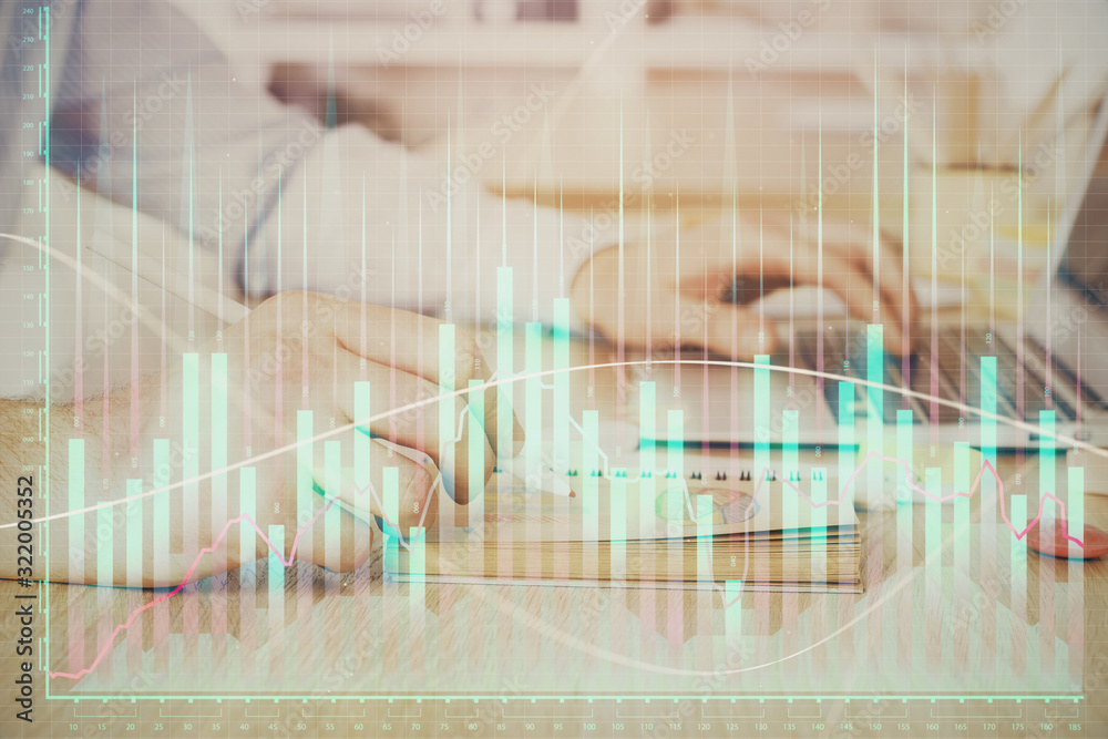 Multi exposure of financial graph with man works in office on background. Concept of analysis. Multi exposure of financial graph with man works in office on background. Concept of analysis.
