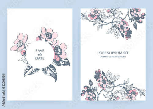 Hand drawn sakura pink blossom flowers and leaves on branches on white background, vintage style pastel color vector illustration, Botanical drawing cherry wedding invitation card, template design