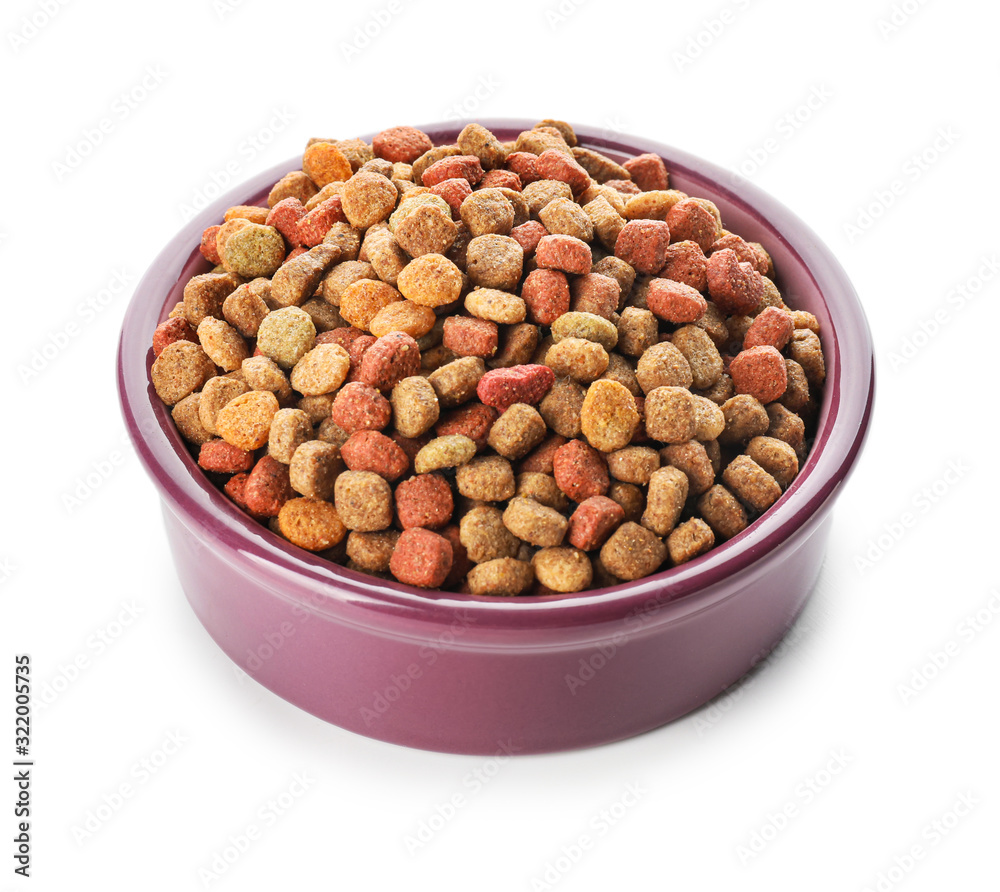 Bowl with dry pet food on white background Bowl with dry pet food on white background