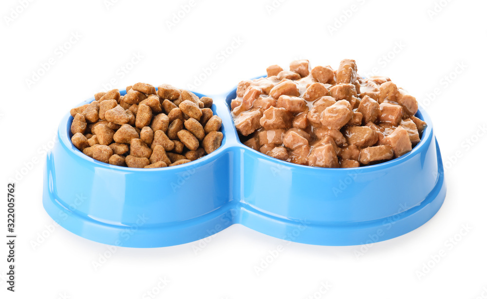 Bowls with pet food on white background Bowls with pet food on white background