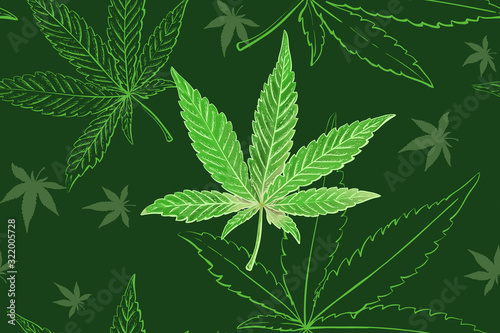 Seamless pattern of cannabis leaves. Pattern of green marijuana leaf.