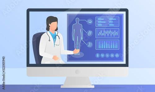 online doctor presentation human body medical reports on monitor computer screen with modern flat style
