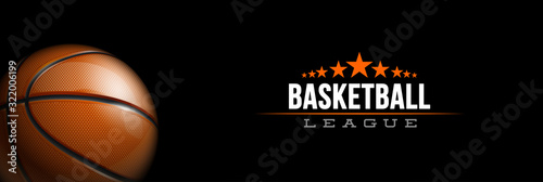 Basketball tournament sport poster design banner with 3d realistic shiny ball isolated on black background. luxury horizontal flyer Illustration Basketball championship template realistic orange ball