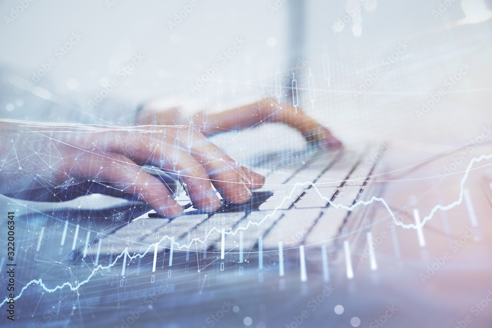 Forex graph with businessman working on computer in office on background. Concept of hardworking. Closeup. Multi exposure. Forex graph with businessman working on computer in office on background. Concept of hardworking. Closeup. Multi exposure.