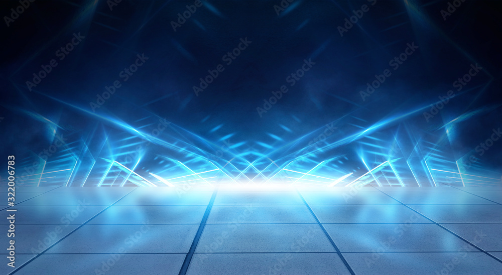Naklejka premium Abstract dark background empty stage, blue neon light, rays of spotlights. Reflection on the concrete floor of neon. Abstract light. Night view, lights.