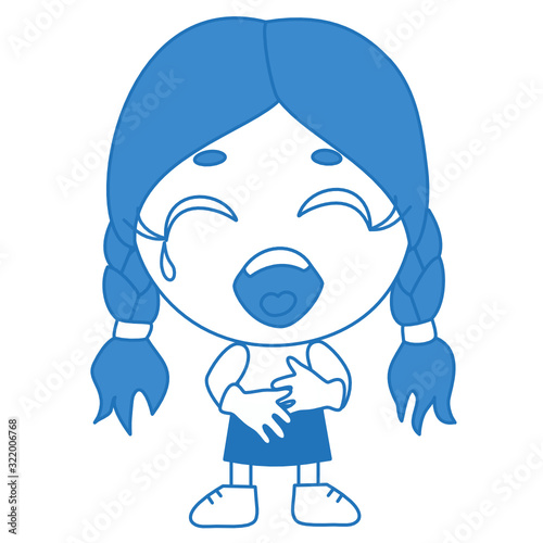 ha-ha emoticon with a funny laughing laugh girl that stands and holds on to his stomach from nicker, blue emoji on white isolated background