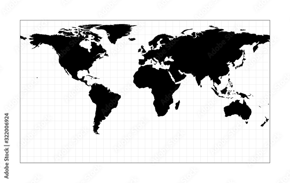 Obraz World contour. Patterson cylindrical projection. Plan world geographical map with graticlue lines. Vector illustration.