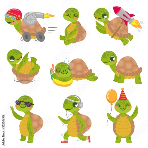 Turtle child. Cute little green turtles mascot, fast rocket tortoise and sleeping turtle vector illustration set. Collection of funny baby reptiles or reptilians. Bundle of happy wild exotic animals.