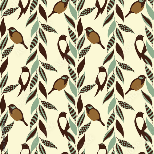 Sparrow and magpie birds and stripes of leaves seamless vector pattern in muted vintage colors. Animal themed surface print design. Great for fabrics, stationery and packaging.