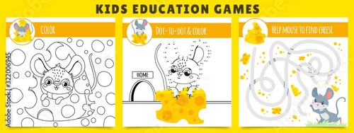 Mouse kids games. Coloring game, mouse find cheese maze and dot by dot cartoon vector illustration set. Collection of educational puzzles or riddles for children with adorable funny rodent animal.