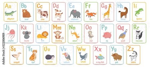 Fototapeta Naklejka Na Ścianę i Meble -  Alphabet cards for kids. Educational preschool learning ABC card with animal and letter cartoon vector illustration set. Flashcards with cute characters and english words placed in alphabetical order.