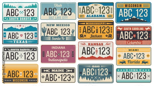 Car number license plate. Retro USA cars registration number signs, Texas, Wisconsin and Kansas license plates vector illustration set. Collection of vintage design elements with names of US states.