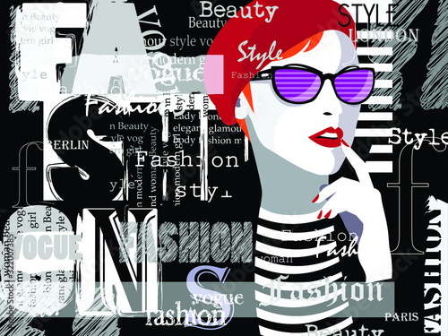 Fashion woman in style pop art with typographics. Vector illustration