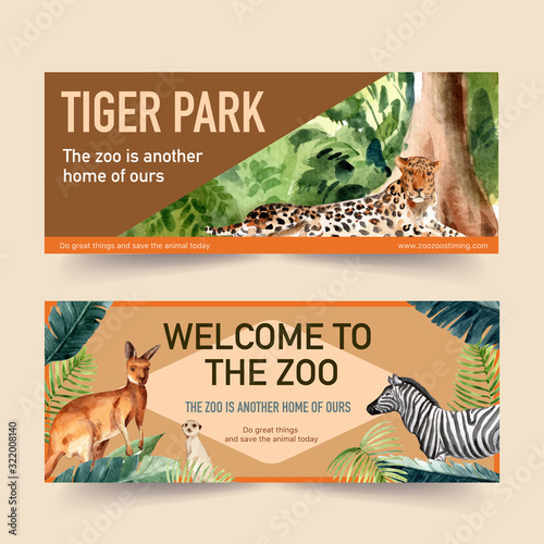 Zoo banner design with leopard, meerkat watercolor illustration.