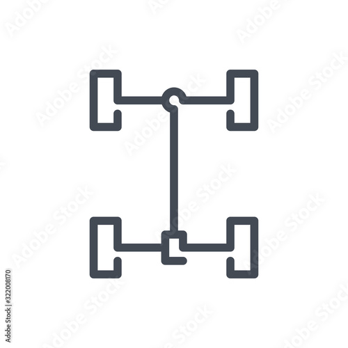 Car axle system line icon. Driveshaft and car suspension vector outline sign.