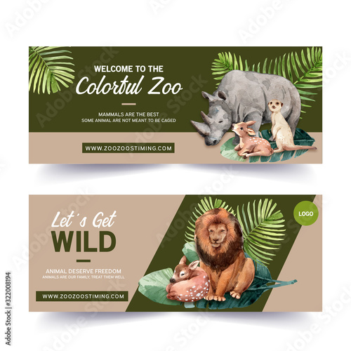 Zoo banner design with rhino, deer, meerkat, lion watercolor illustration.