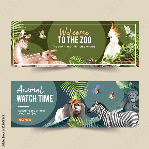 Zoo banner design with gorilla, zebra, butterfly watercolor illustration.