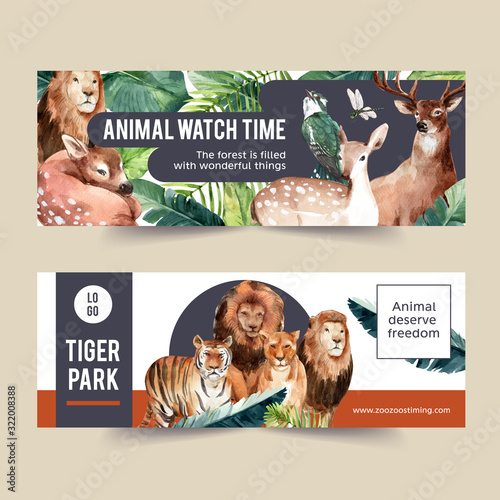 Zoo banner design with tiger, lion, deer watercolor illustration.