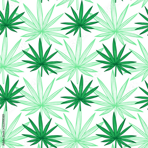 Hand drawn abstract seamless pattern with green Chamaerops palm leaves. Exotic tropical leaves isolated on a white background. Cute template for cards, fabric, wrapping paper. Vector illustration