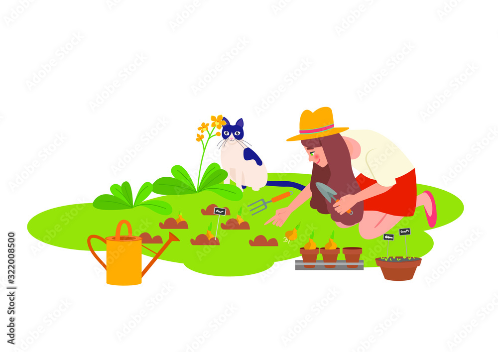Fototapeta premium Woman in a hat planting gardens flowers. Gardening, flowers and plants, self-sufficiency concept, spring. Colorful cartoon vector illustration.