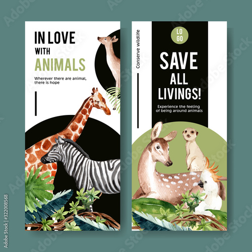 Zoo flyer design with giraffe, zebra, meerkat watercolor illustration.