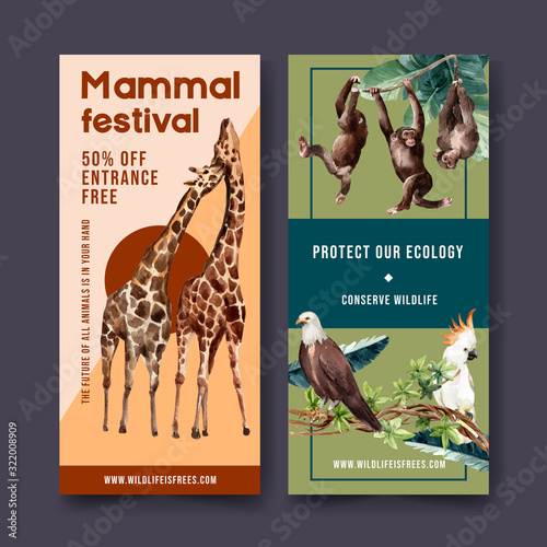 Zoo flyer design with eagle, monkey, giraffe watercolor illustration.