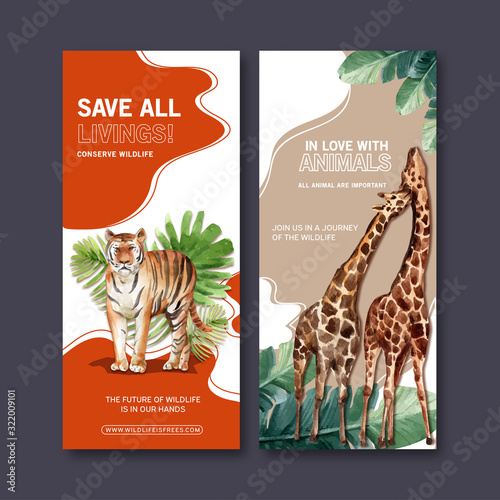 Zoo flyer design with tiger, giraffe watercolor illustration.