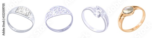 Vector realistic set with golden, silver, platinum rings in different style with and without gems, precious stones. Best accessories for engagement proposal, wedding, anniversary. Jewelry sale.