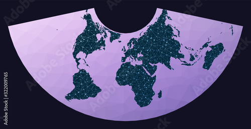 Communications network map. Albers conic equal-area projection. World network map. Wired globe in Conic Equal Area projection on geometric low poly background. Powerful vector illustration. photo