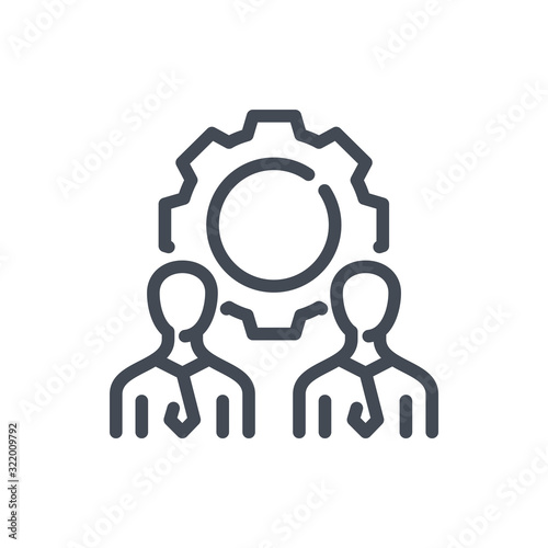 Business development and training line icon. Team with gear vector outline sign.