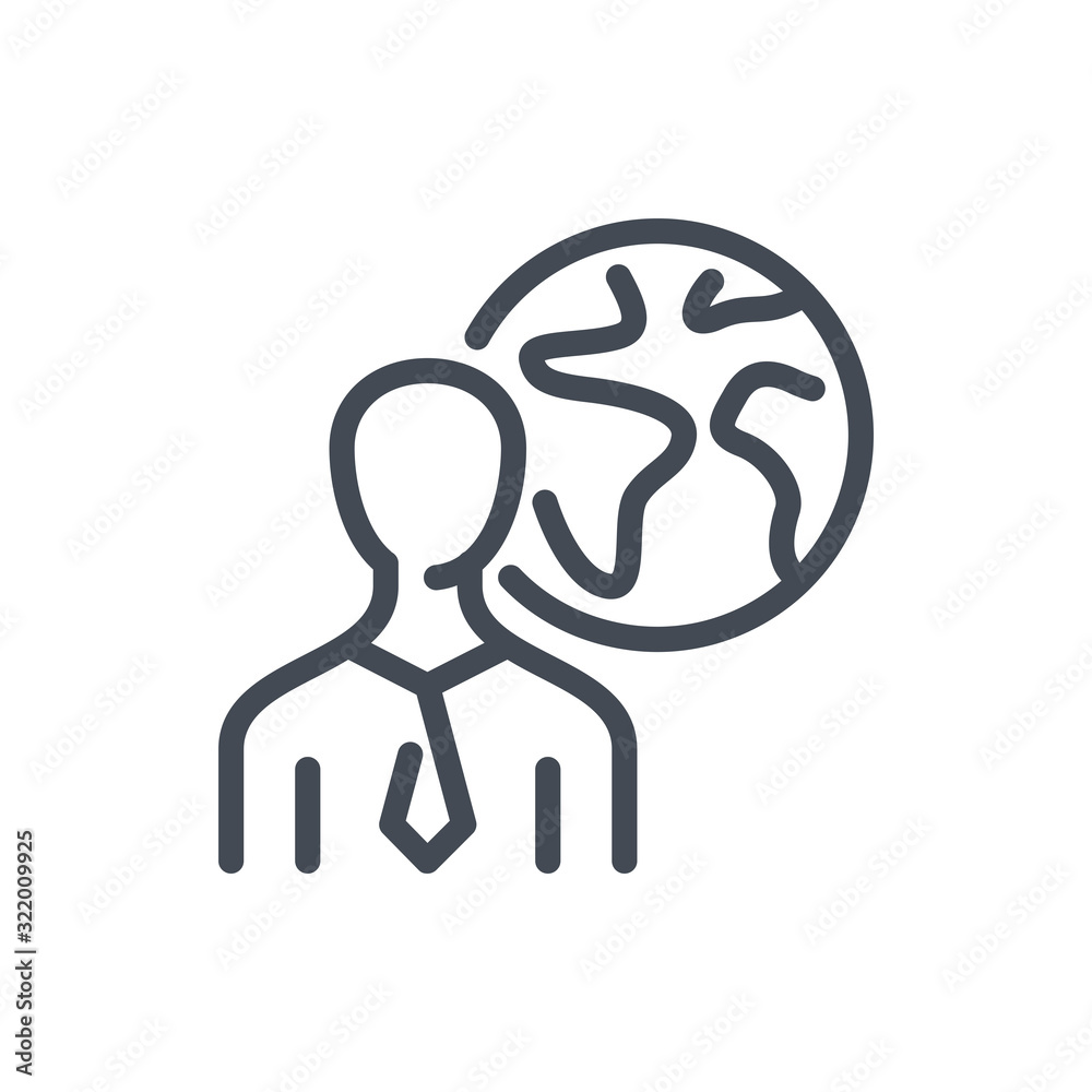 Businessman with globe line icon. International employee vector outline sign. Businessman with globe line icon. International employee vector outline sign.