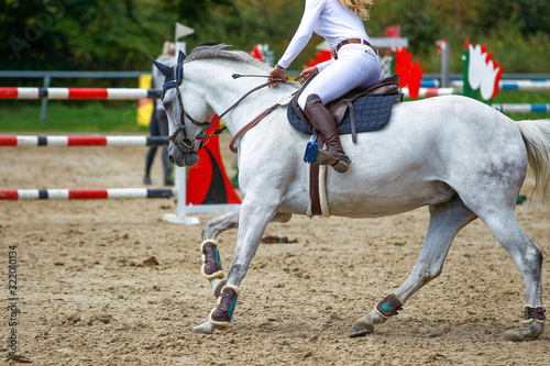 Horse gray horse with rider at a jumping competition in a gallop rider stands in the stirrups..
