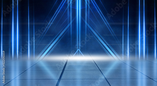 Abstract dark background empty stage  blue neon light  rays of spotlights. Reflection on the concrete floor of neon. Abstract light. Night view  lights.