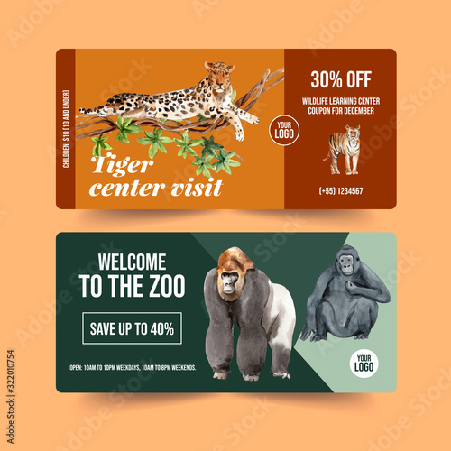 Zoo ticket design with leopard, tiger,  watercolor illustration.