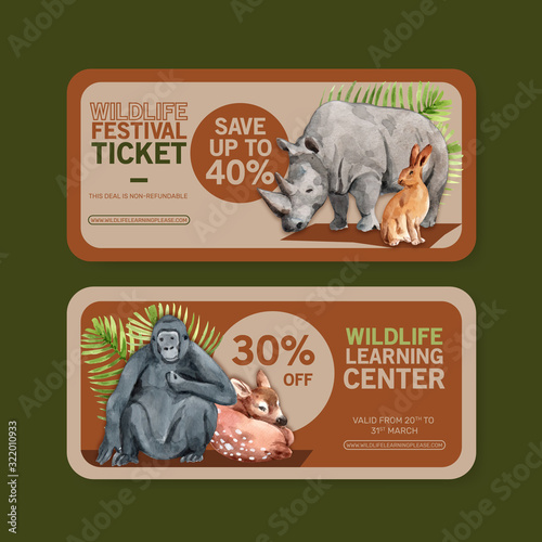 Zoo ticket design with rhino, deer, rabbit watercolor illustration.