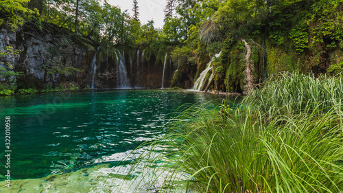 Cascades and waterfalls in the landscape of Plitvice Lakes  Croatia.