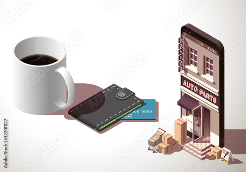 Shopping Online isometric on Website or Mobile Application Auto parts search. isometry view online store Search and Buy car part in smartphone isolated white table with tea or coffee isometric style
