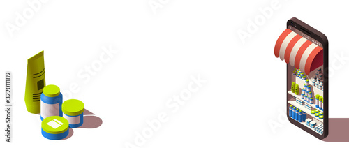 Modern flat banner design Shopping Online isometric on Website or Mobile Application Concept ecommerce. isometry view online store in smartphone isolated on white. business card with shop isometric