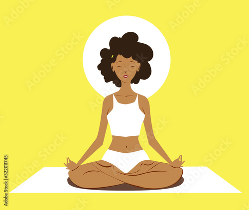  Black woman, does yoga in the lotus pose on the mat. Healthy lifestyle and wellness concept. Flat cartoon vector illustration for meditation, recreation, Yoga Day. Isolated on light yellow background
