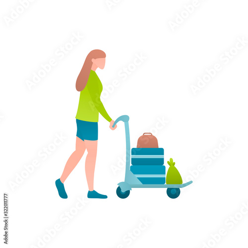Woman with trolley in airport at flat vector illustration. Tourist girl walking at the airport and pushing a cart with luggage. Female traveller on the trip walking to departure area before flight.