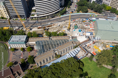 Overhead aerial view of the ongoing construction on the Metro Tunnel project in Melbourne Australia