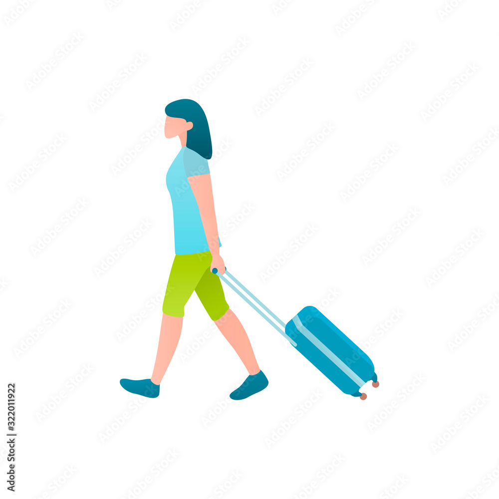 Tourist at the airport, vector flat illustration of weekend concept. A woman walking to departing area with luggage at the airport. Concept of beatifull business lady travels at a holiday. Tourist at the airport, vector flat illustration of weekend concept. A woman walking to departing area with luggage at the airport. Concept of beatifull business lady travels at a holiday.