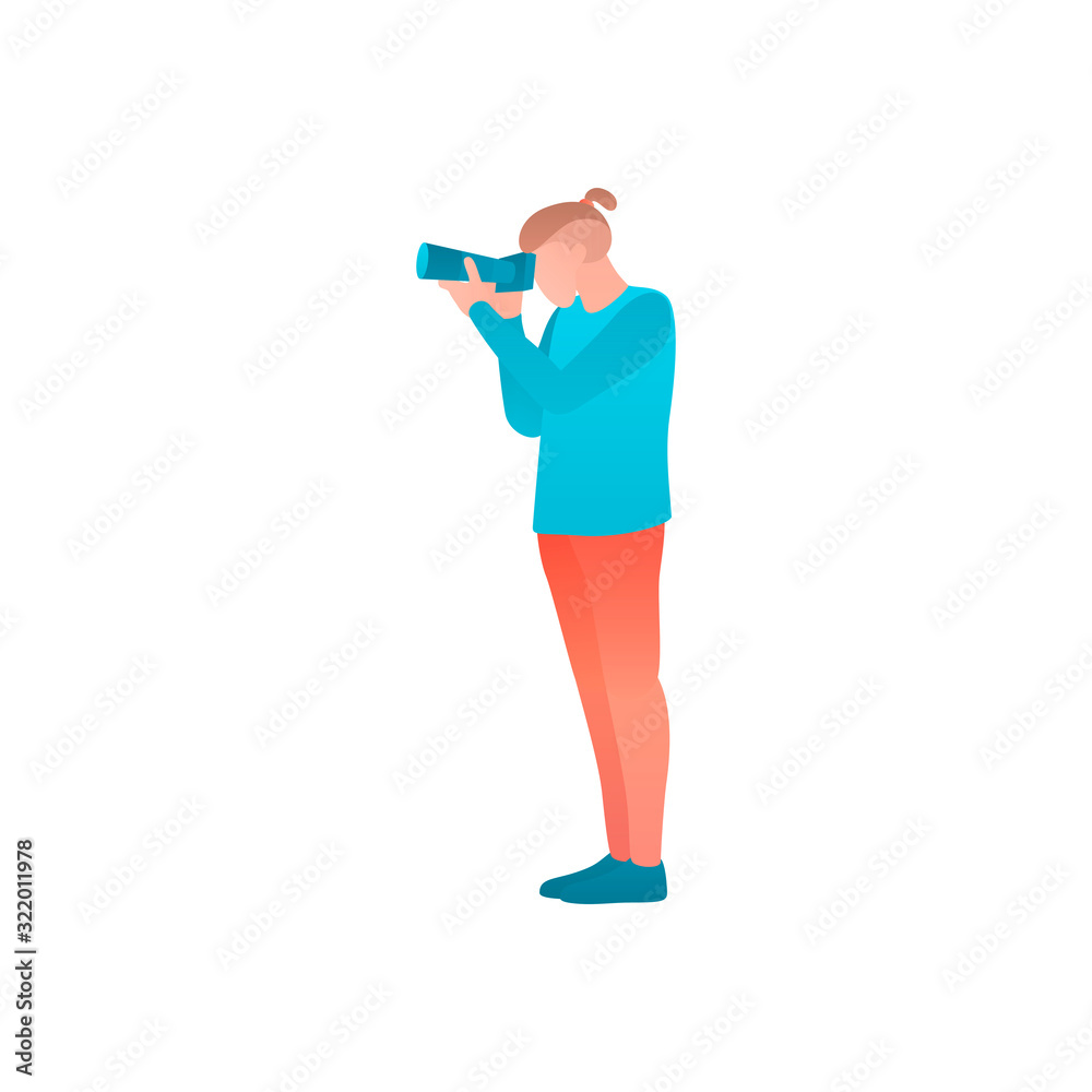 Male photographer at Flat vector illustration. Tourist holding a photo camera. A Man photo shooting at weekend tour. The concept of tourist trip in cartoon flat style against isolated white background Male photographer at Flat vector illustration. Tourist holding a photo camera. A Man photo shooting at weekend tour. The concept of tourist trip in cartoon flat style against isolated white background
